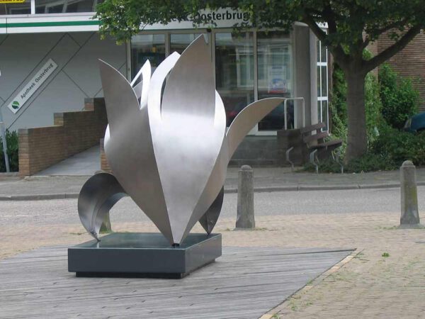 art-commissioned stainless steel artwork of a lily